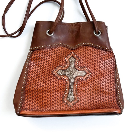 Vintage Western Brown Leather Hobo Bag with Calfskin Cross and Braided Details - Picture 2 of 7